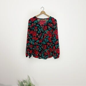 [Torrid] Black & Red Mutli Colored Floral Print Long Sleeve Button Down Top